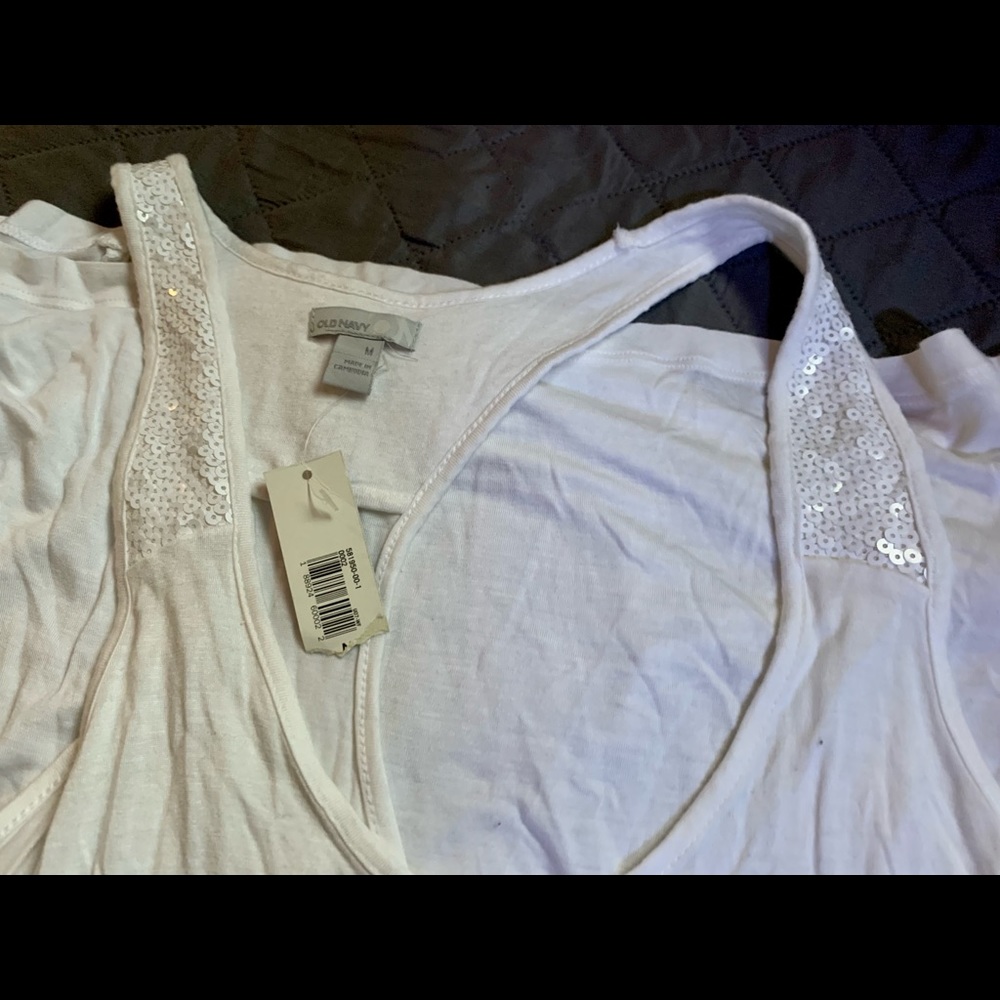 Sequenced, razor back, white, oversized, tank top.